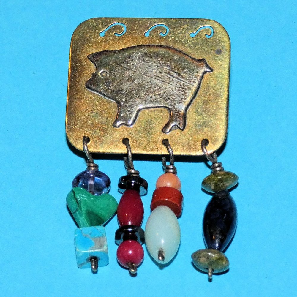 Vintage Signed SPIRIT OF TWO Pig Brooch Pin Dangle Beads 1990 Artisan Made